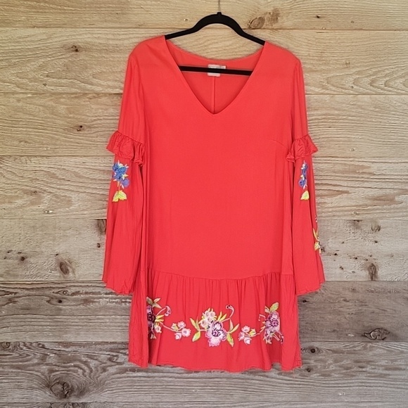 ASOS Dresses & Skirts - Asos Size 6 Red Mini Dress with Bell Sleeves and Floral Embroidery